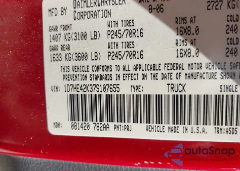 2007 Dodge Dakota Slt z USA, uszkodzony, nr VIN 1D7HE42K37S107655